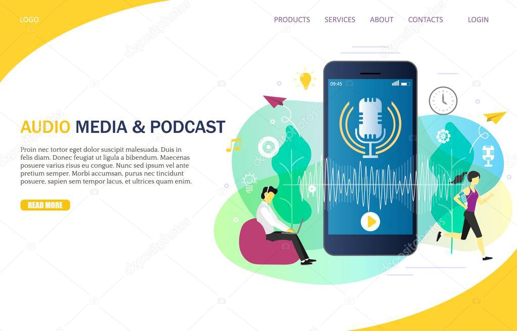 Audio media and podcast landing page website template. Vector illustration of smartphone with microphone on screen, people listening to podcast from mobile and computer while working or doing sport.