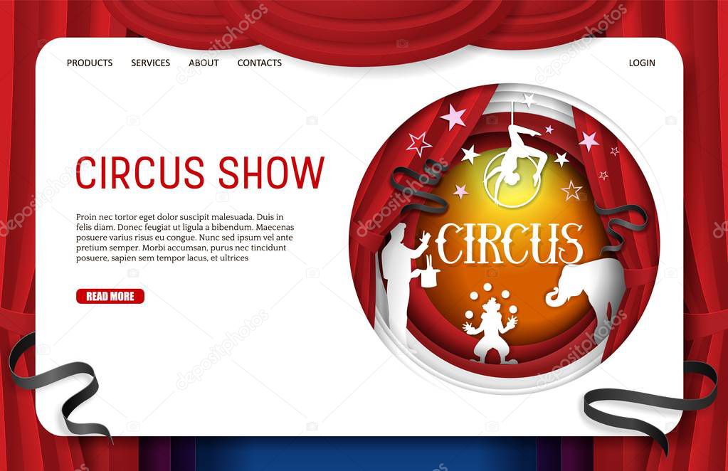 Vector paper cut circus show landing page website template