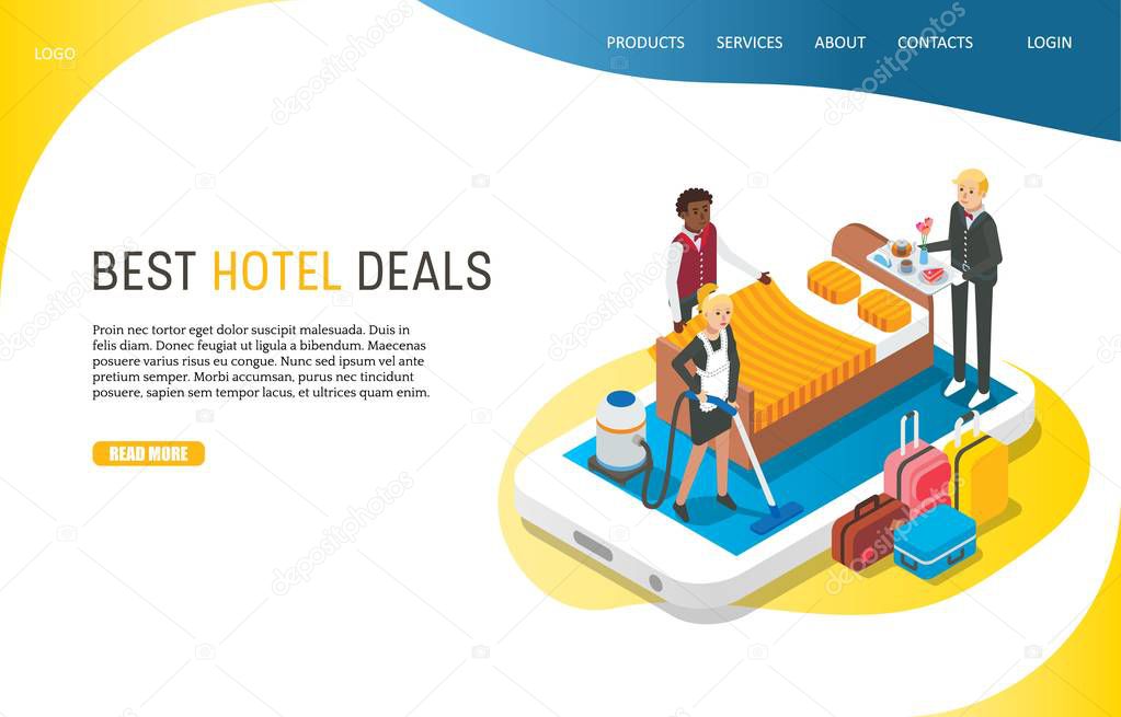 Best hotel deals landing page website template. Vector isometric illustration of smartphone with hotel staff providing customer services. Room booking online via mobile phone concept.