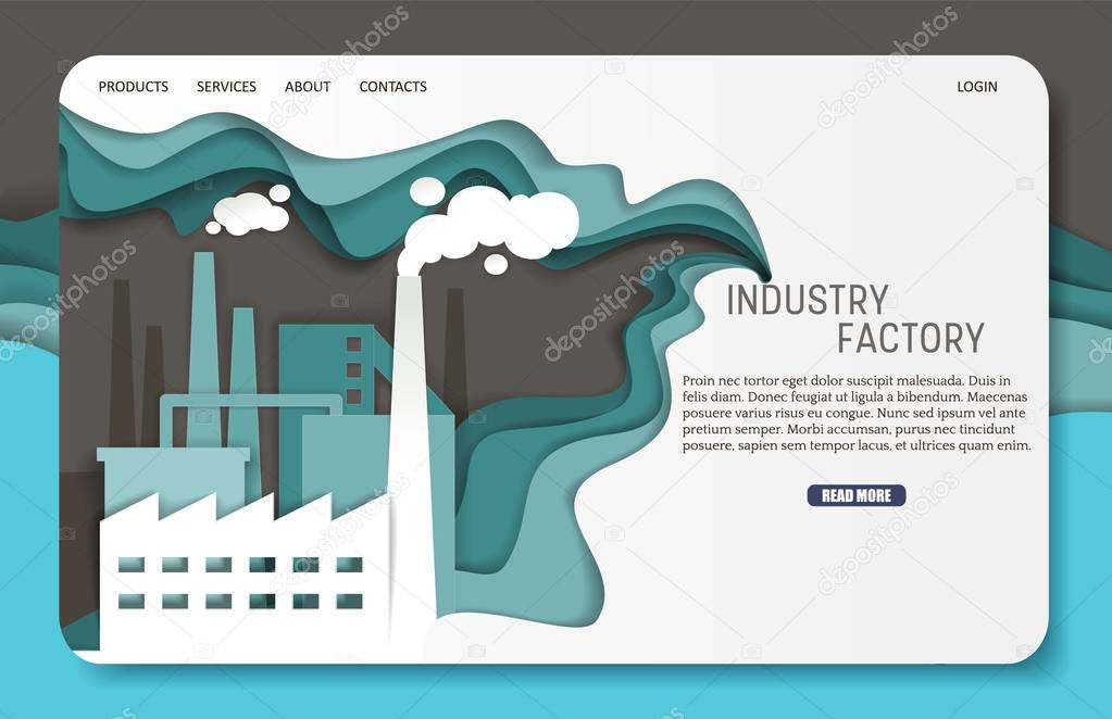 Industrial factory landing page website template. Vector paper cut illustration of manufacturing plant building with smoke stacks.