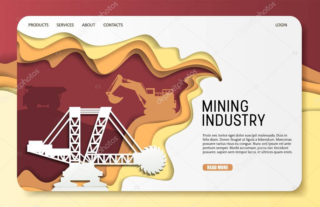 Vector paper cut mining industry landing page website template
