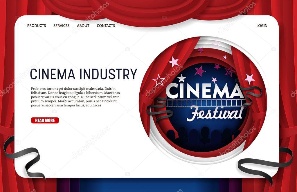 Cinema industry landing page website template. Vector paper cut cinema decorations with filmstrip, audience in circle frame. Cinematography, movie festival.