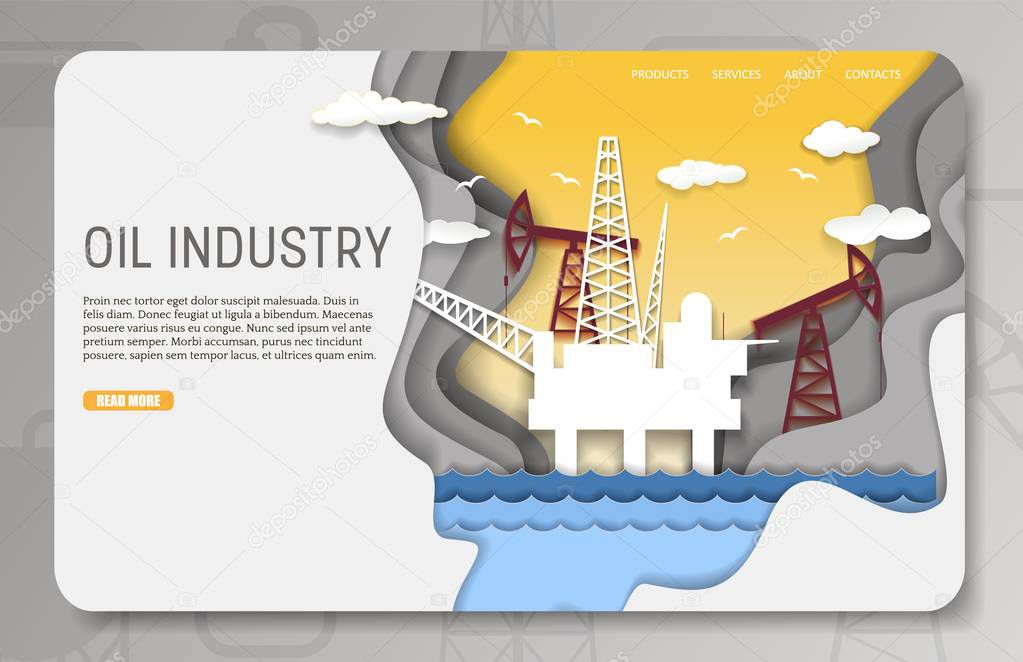 Oil industry landing page website template. Vector paper cut offshore oil platform with drilling rigs, pumps. Crude oil extraction concept.