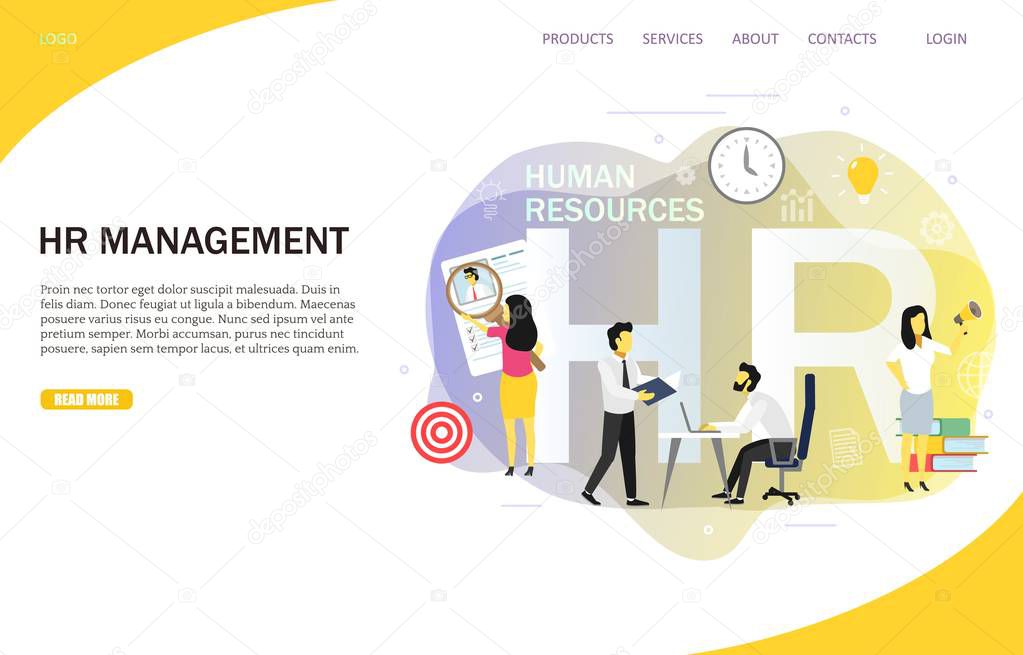 HR management landing page website template. Vector illustration of people employers searching for talented job candidates. Business recruiting, job agency services, human resources concept.