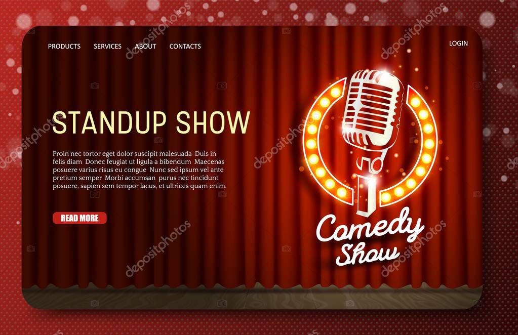 Standup show landing page website template. Vector realistic illustration of empty theater stage with red curtains and stand-up comedy show sign with microphone and lights.