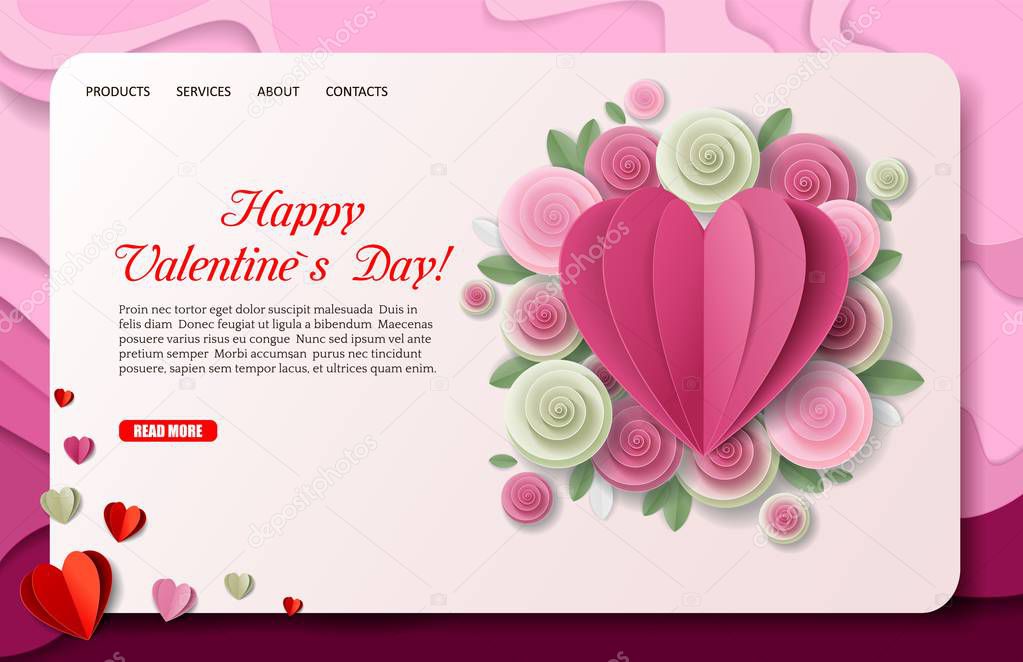 Vector paper cut Valentines Day landing page website template