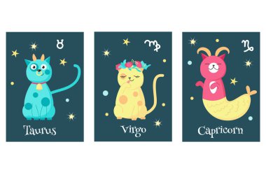 Vector set of cat astrology zodiac sign cards clipart