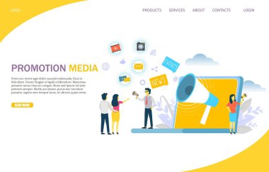 Promosyon medya vektör Web sitesi şablonu, web sayfası ve açılış sayfası tasarımı Web sitesi ve mobil site geliştirme için. Olaylar, Haberler konuşma balonları, bağırarak mikrofon insanlar. Online Duyurular