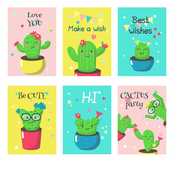 Vector set kaarten met leuke grappige cactussen en citaten — Stockvector
