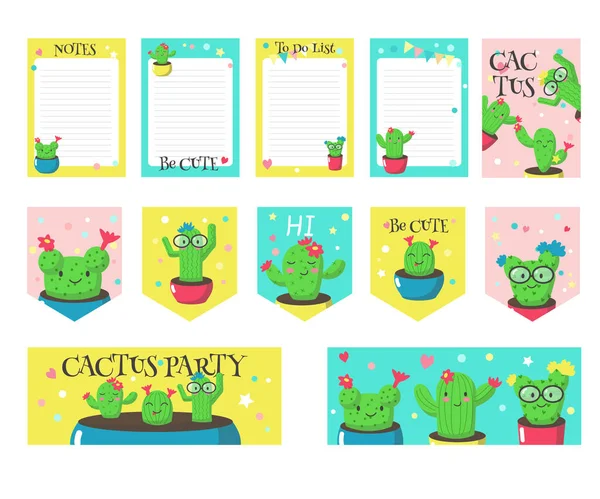 Conjunto de tarjetas vectoriales con lindos cactos divertidos y citas — Vector de stock