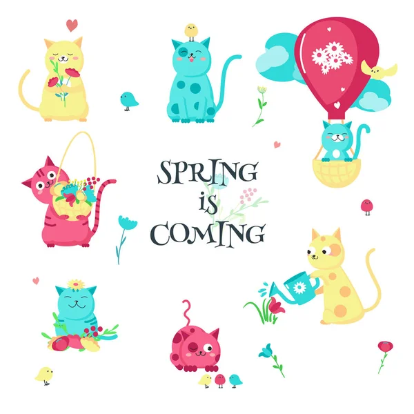 Lindo divertido primavera gatos vector aislado ilustración — Archivo Imágenes Vectoriales