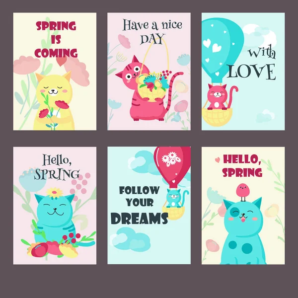 Conjunto vectorial de tarjetas de primavera con gatos lindos y citas inspiradoras — Vector de stock