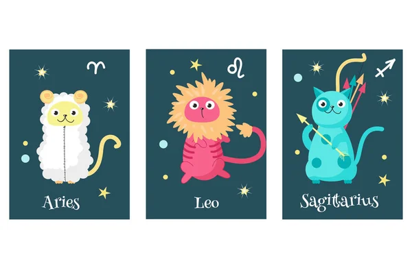 Conjunto vectorial de tarjetas de signos del zodíaco de astrología gato — Archivo Imágenes Vectoriales