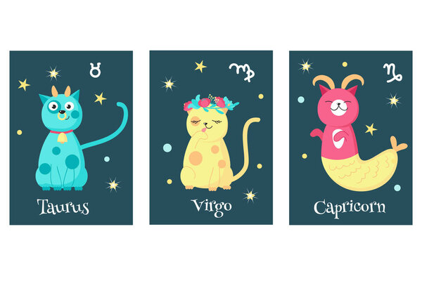 Vector set of cat astrology zodiac sign cards