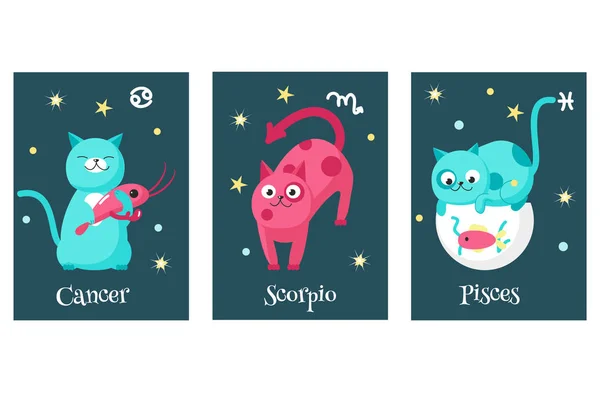 Conjunto vectorial de tarjetas de signos del zodíaco de astrología gato — Archivo Imágenes Vectoriales