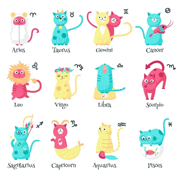 Lindo gato signos del zodiaco, vector ilustración aislada — Vector de stock