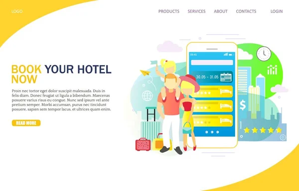 Buchen Sie Ihr Hotel jetzt Vektor Website Landing Page Design Template — Stockvektor
