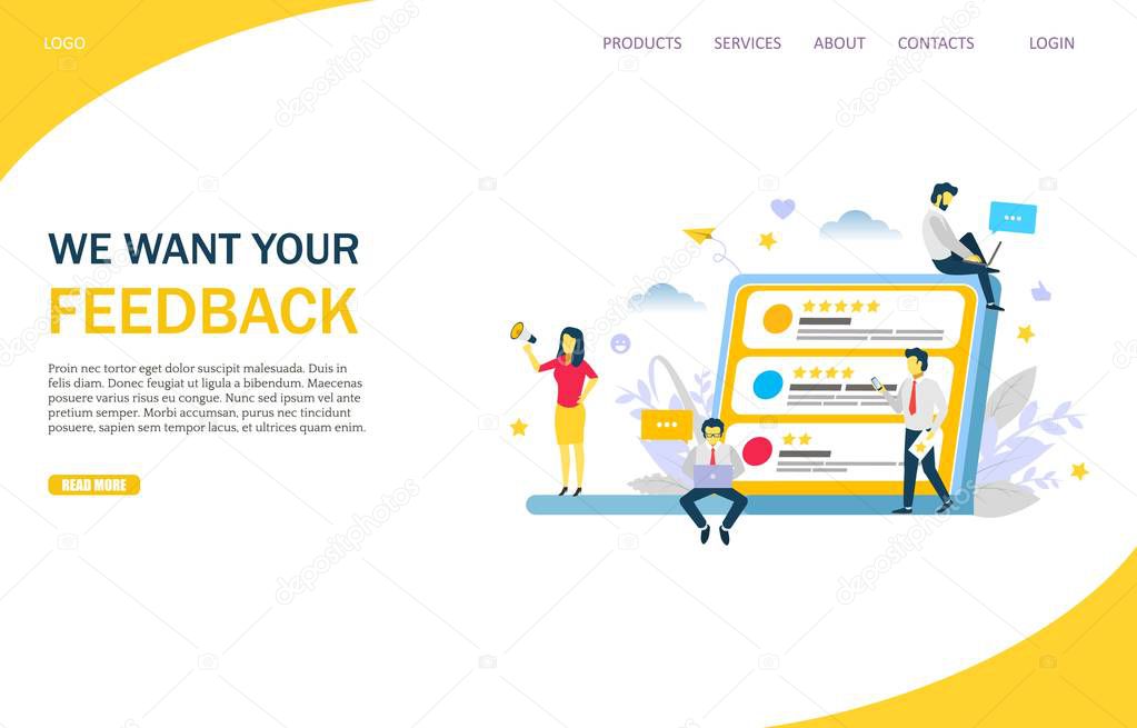 Feedback vector website template, web page and landing page design for website and mobile site development. Online review, customer relationship management concept.