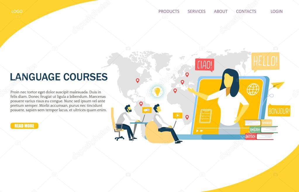 Language courses vector website template, web page and landing page design for website and mobile site development. Online language learning concept.