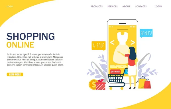 Modelo de design de landing page de site online de compras — Vetor de Stock