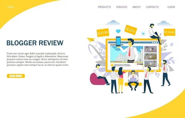 Modelo de design de página de destino de site vetorial de revisão de blogueiro —  Vetores de Stock
