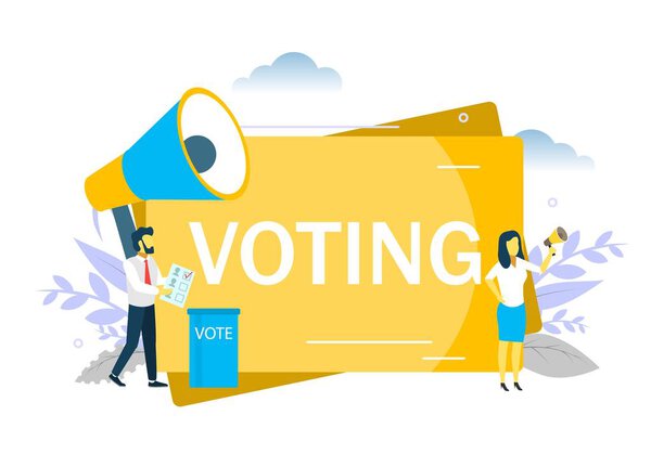 Голосование, женщина говорит через мегафон. Векторная плоская иллюстрация для веб-баннера, веб-страницы и т.д. Избирательная кампания, день голосования
.