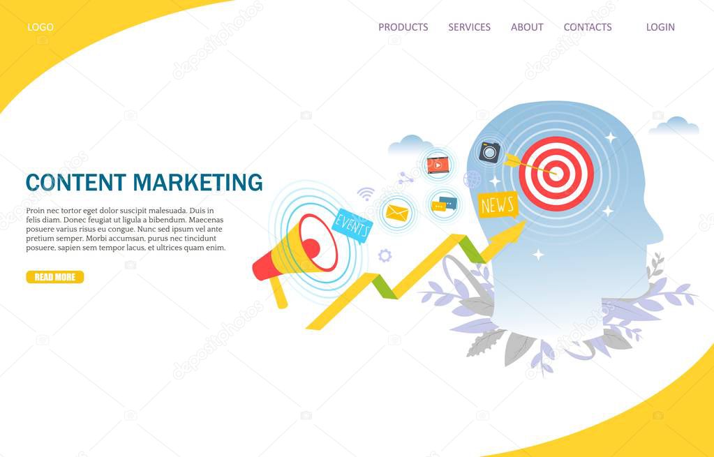Content marketing vector website template, web page and landing page design for website and mobile site development. Social media marketing concept.