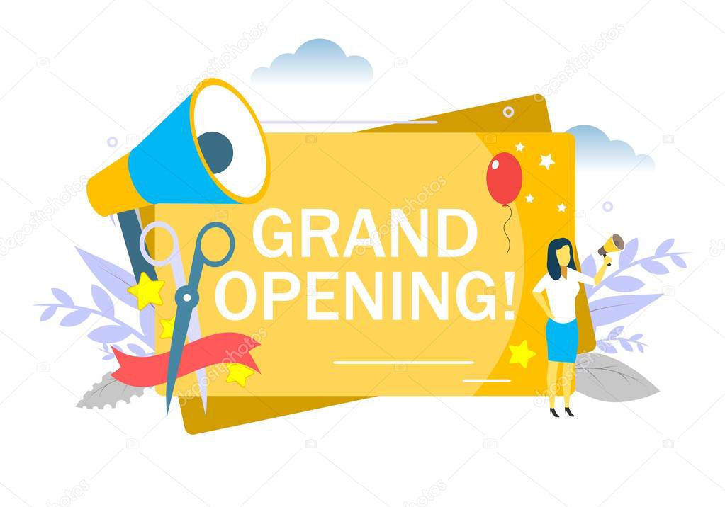 Grand opening, woman speaking through megaphone. Vector flat illustration for web banner, website page etc.