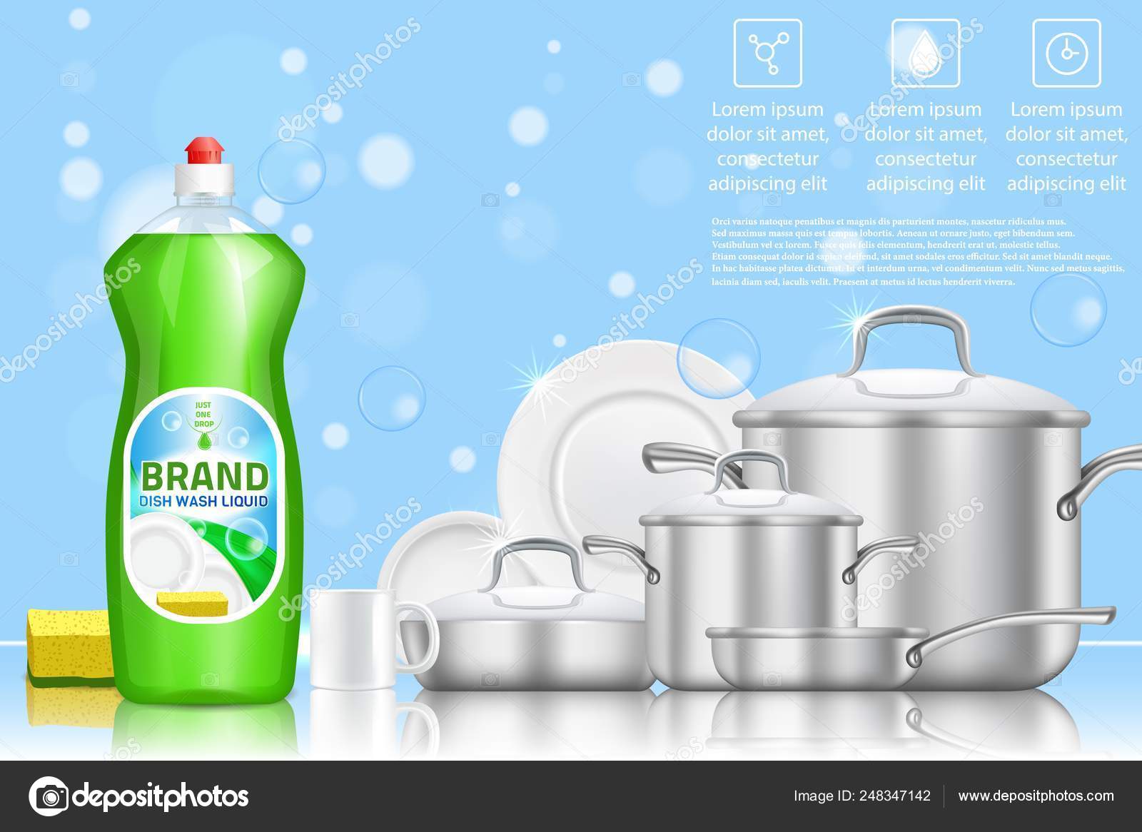 Dishwashing liquid soap ad, vector realistic illustration Stock Vector