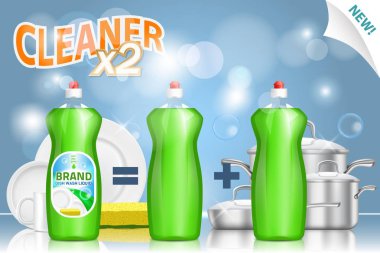 Sıvı bulaşık deterjan reklam, vektör gerçekçi çizim