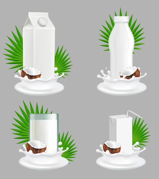 Ensemble réaliste de maquettes vectorielles de paquet de lait de coco — Image vectorielle
