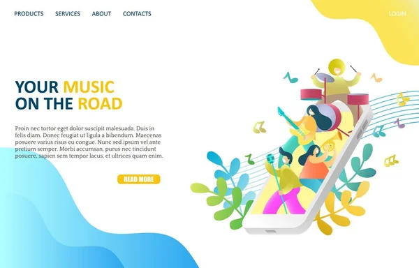 Modello di design della pagina di destinazione del sito web dell'app musicale vettoriale — Vettoriale Stock