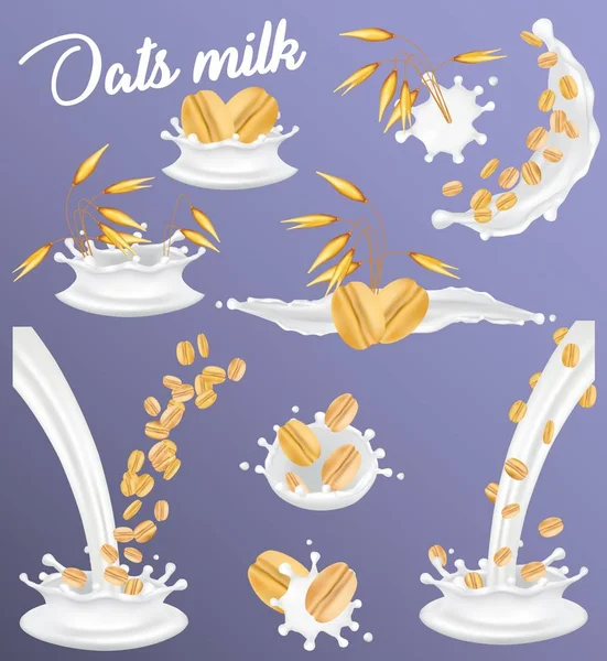 Oat milk splash set, vector realistic illustration — Stock Vector