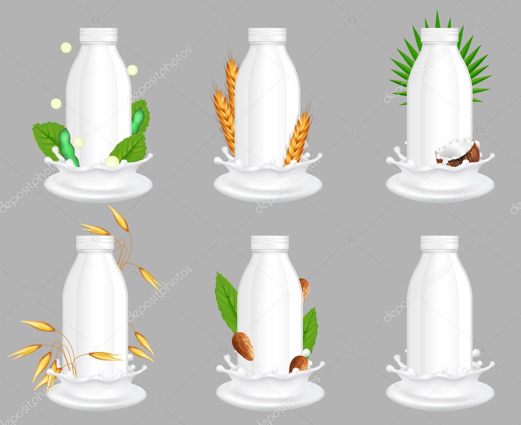 Cows and plant milk bottle package vector realistic mockup set