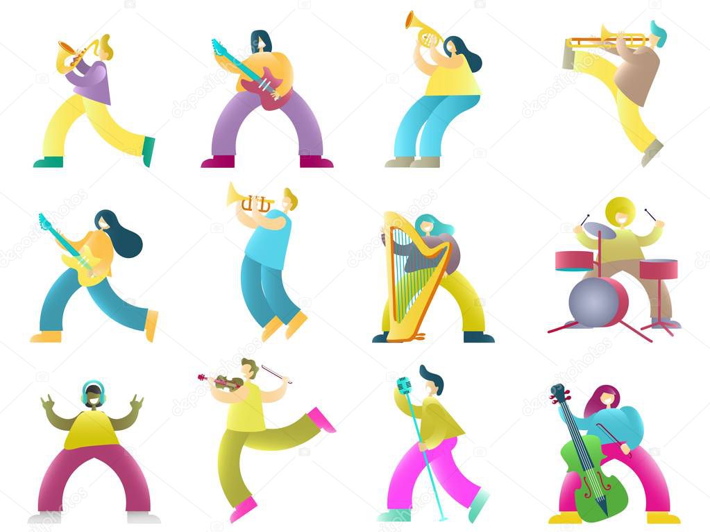 Musicians color cartoon characters, vector isolated illustration