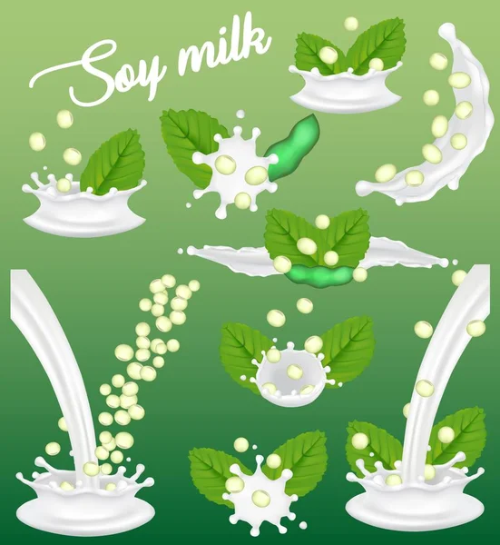 Sójové mléko úvodní sady, vektorové realistické ilustrace — Stockový vektor
