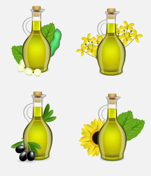 Plant oil glass bottle set, vector realistic illustration — Stock Vector
