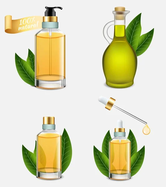 Tea tree olie fles set, realistische vectorillustratie — Stockvector