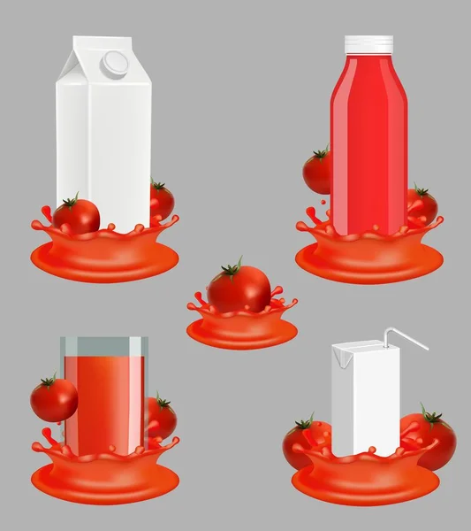 Ensemble de maquettes réaliste vecteur de paquet de jus de tomate — Image vectorielle