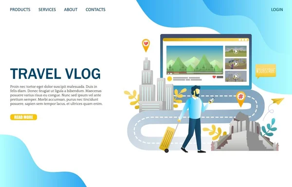 Vlog vector website landing pagina ontwerpsjabloon reizen — Stockvector