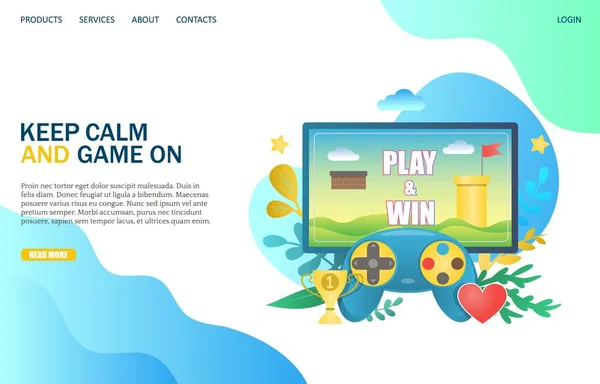 Mantenha a calma e o jogo no modelo de design de landing page do site vetorial —  Vetores de Stock