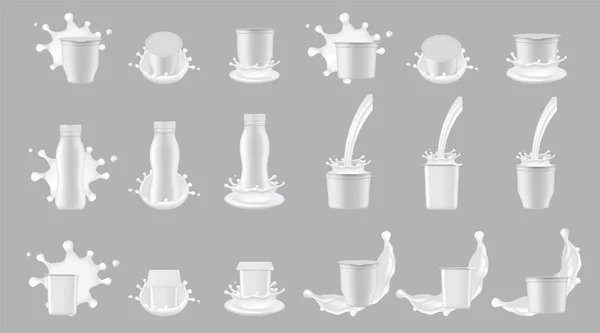 Paquet de yaourt naturel avec set de maquettes réaliste vectoriel d'éclaboussure — Image vectorielle