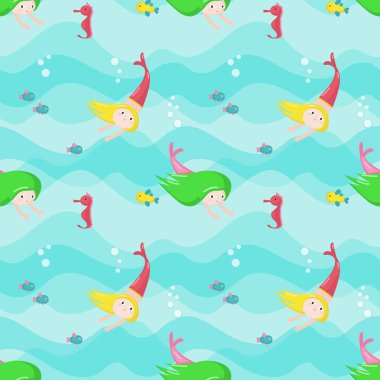Sevimli küçük deniz kızları ile vektör seamless modeli