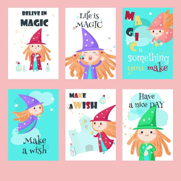 Vector set van kaarten met schattige kleine enchantresses — Stockvector