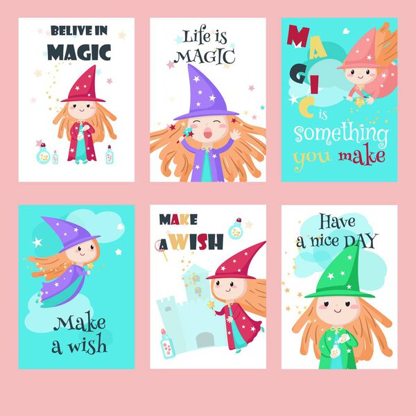 Vector set of cards with cute little enchantresses