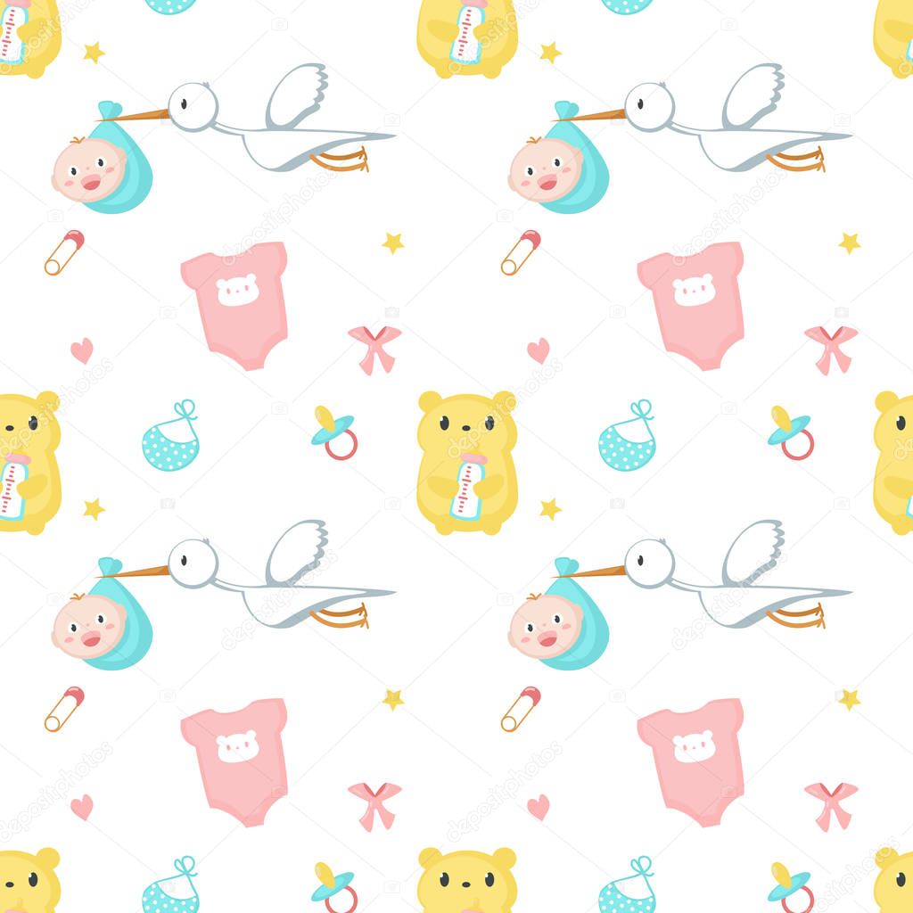 Baby shower vector seamless pattern with newborn items