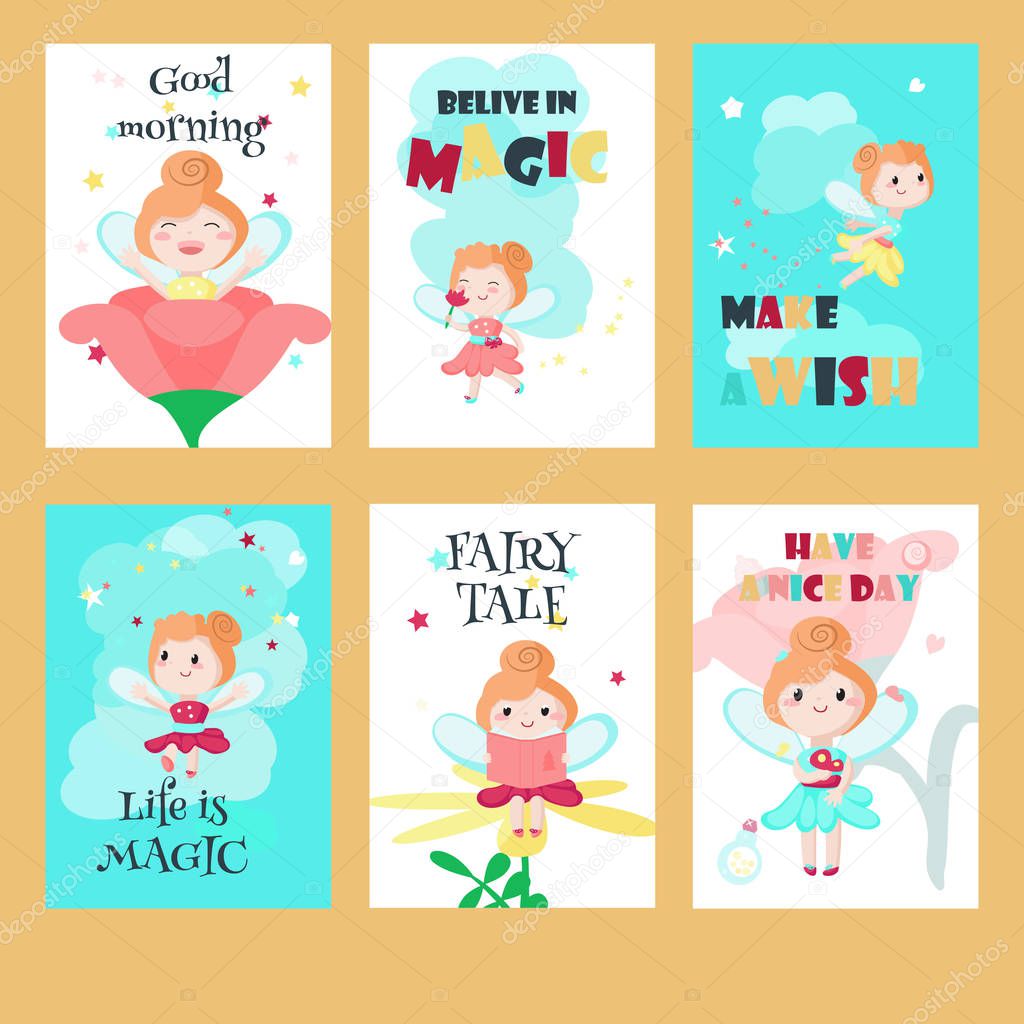 Vector set of cards with cute little fairies