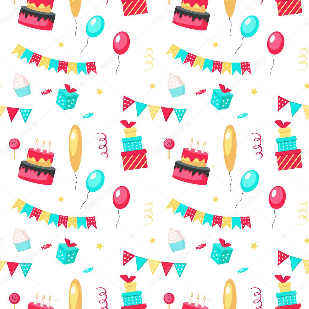 Happy birthday vector seamless pattern with party decorations