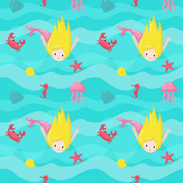 Vector seamless pattern with cute little mermaids — Stock Vector