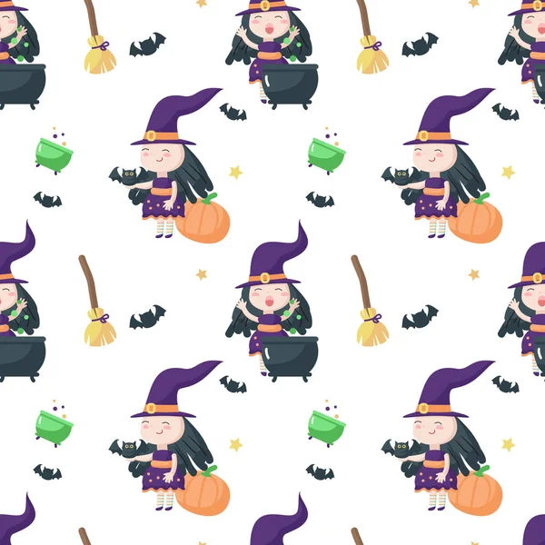 Vektor-sømløst mønster med søt liten Halloween-heks – stockvektor